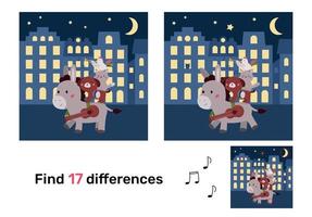 trova le differenze. gioco educativo con i personaggi dei musicisti della città di brema. animali dei cartoni animati kawaii. fiaba classica. puzzle per bambini. illustrazione vettoriale. vettore