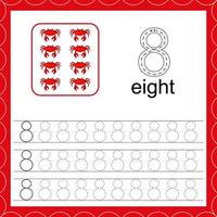 carte con numeri per bambini. traccia la linea. per i bambini che imparano a contare e a scrivere. numero otto. contare il gioco dei granchi. fogli di lavoro di matematica educativa vettore