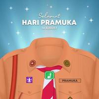 selamat hari pramuka o felice indonesia scout day background con un'uniforme di scout e scintillii vettore