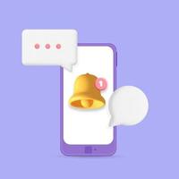 Smartphone viola vettoriale 3d con promemoria che squilla l'illustrazione del design del mockup di notifica del campanello