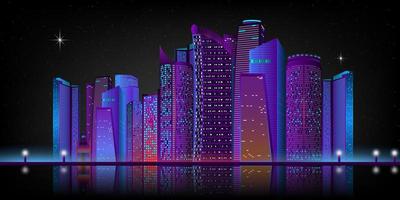 panorama notturno della città con bagliore al neon su sfondo scuro. paesaggio urbano futuristico con luci al neon viola e blu luminose. illustrazione vettoriale con megapolis, grattacieli, edifici. skyline della città.