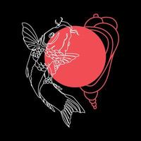 logo di pesce koi, design di poster o design di stampa illustrazione vettoriale.line art carpa koi giapponese su sfondo nero con disegno astratto cerchio rosso in stile minimalista moderno. vettore