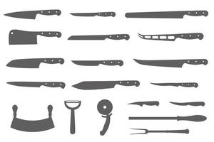 set coltelli da chef. elementi di design per il taglio della carne del macellaio. sagome di stoviglie da cucina. illustrazione vettoriale