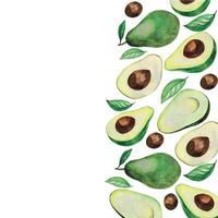 motivo a cornice di avocado. disegno ad acquerello avocado concetto di alimentazione sana, prodotti naturali, cibo vegetariano biologico. carta estiva isolata on white vettore