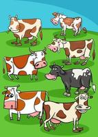 cartone animato mucche animali da fattoria nel prato vettore