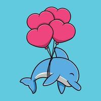 simpatico delfino galleggiante con cuore amore palloncino cartone animato icona vettore illustrazione. concetto di cartone animato piatto animale