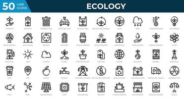 set di 50 icone web di ecologia in stile linea. riciclaggio, biologia, energie rinnovabili. collezione di icone di contorno. illustrazione vettoriale