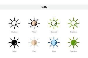 icona del sole in stile diverso. icone vettoriali sole progettate in stile contorno, solido, colorato, pieno, sfumato e piatto. simbolo, illustrazione del logo. illustrazione vettoriale