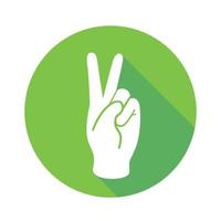 vettore icona piatta vittoria, pace. firmare con le dita. simbolo di comunicazione. mano bianca con gesto su sfondo verde rotondo isolato su bianco. pulsante web. adesivo dell'umore. illustrazione moderna