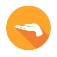 vettore icona piatta mano di supporto. firmare con la mano. simbolo di comunicazione. mano bianca con gesto su sfondo rotondo arancione isolato su bianco. pulsante web. adesivo dell'umore