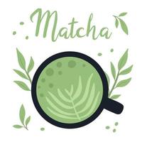 tè matcha. tazza con matcha e foglie di tè verde. illustrazione vettoriale. tè verde naturale. vettore