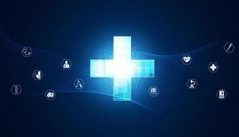 simbolo astratto di salute più con sfondo icone concetto di salute icone su sfondo blu moderno futuristico trattamento medico malattia vettore