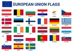 set di bandiere dell'Unione europea con nomi di paesi. segni e simboli politici ed economici. bandiere dei paesi europei. vettore
