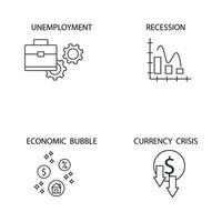 le icone della crisi economica impostano il colore. elementi di vettore di simbolo del pacchetto di crisi economica per il web di infografica