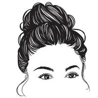 bellezza donna in chignon disordinato, illustrazione di capelli chignon disordinato, line art, silhouette, per il design di t-shirt, tazza, tote bag, ecc. vettore