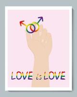 mano bianca con simbolo gay maschio arcobaleno di genere lgbt e iscrizione doole l'amore è amore vettore