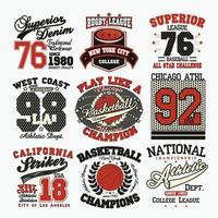 set di emblemi grafici tipografici sportivi, design per la stampa di t-shirt. abbigliamento sportivo originale, stampa vintage per abbigliamento sportivo vettore