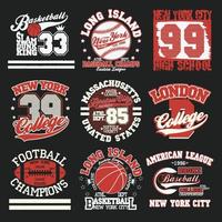 set di emblemi grafici tipografici sportivi, design per la stampa di t-shirt. abbigliamento sportivo originale, stampa vintage per abbigliamento sportivo vettore