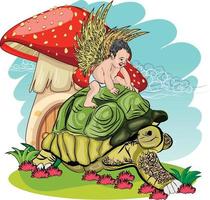un angelo seduto sul dorso di una tartaruga con sullo sfondo una casa dei funghi. è un'opera completamente immaginaria che porta il messaggio che tutti i bambini sono angeli che portano gioia e felicità vettore