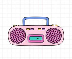 registratore a cassette retrò in colori vivaci. boombox musicale. illustrazione di doodle disegnata a mano vettoriale isolata su sfondo bianco. perfetto per carte, decorazioni, logo, disegni vari. Stile anni '90