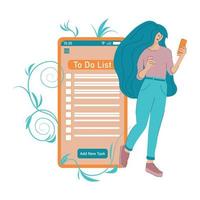 la giovane donna fa una lista di cose da fare nell'app sul telefono vettore