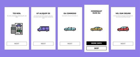 vendita di auto usate servizio automobilistico onboarding icone imposta vettore