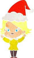 cartone animato retrò di una donna stressata che indossa il cappello di Babbo Natale vettore