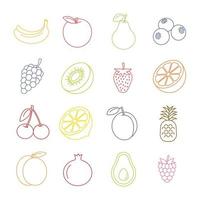 set di icone della linea di frutta e verdura, raccolta di simboli vettoriali con profilo riempito, pacchetto di pittogrammi colorati lineari isolato su bianco, illustrazione del logo