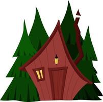 1casa in legno sullo sfondo degli abeti. una piccola casa nella foresta. illustrazione vettoriale cartone animato piatto