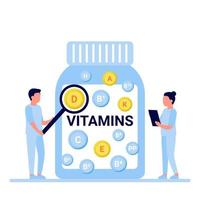 medici con vasetto di vitamine nutrizionali, integratore alimentare utile per l'assistenza sanitaria. sviluppo di farmaci. diversi tipi di additivi alimentari. illustrazione vettoriale