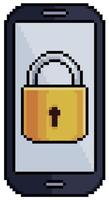 cellulare pixel con lucchetto. icona di vettore del telefono cellulare sicuro per il gioco a 8 bit su sfondo bianco
