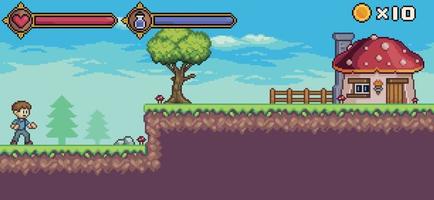 scena di gioco pixel art con personaggio, barra della vita e mana, albero, nuvola, sfondo vettoriale casa per gioco a 8 bit