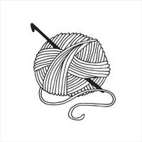 illustrazione vettoriale in stile doodle. simpatico gomitolo di lana e un uncinetto. illustrazione in bianco e nero, logo, icona. lavoro a maglia, uncinetto, hobby