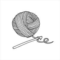 l'autore dell'illustrazione nello stile del doodle sul tema del lavoro a maglia, uncinetto. gomitolo di lana e uncinetto isolato su sfondo bianco. artigianato, ricamo. vettore