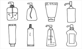 illustrazione in stile doodle. un set di dispenser, lattine, tubi con prodotti sanitari, igienizzanti. articoli per l'igiene e l'igiene. clipart di disegno a tratteggio semplice isolato su priorità bassa bianca vettore