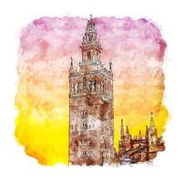 illustrazione disegnata a mano di schizzo dell'acquerello di giralda sevilla spagna vettore