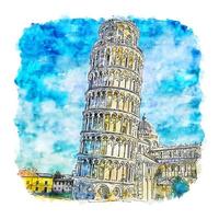 illustrazione disegnata a mano di schizzo dell'acquerello della torre pissa italia vettore