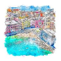 illustrazione disegnata a mano di schizzo dell'acquerello di vernazza italia vettore