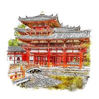 illustrazione disegnata a mano di schizzo dell'acquerello del Giappone del tempio di byodoin vettore