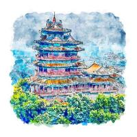 illustrazione disegnata a mano di schizzo dell'acquerello di nanchino cina vettore