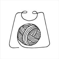 illustrazione vettoriale in stile doodle, gomitolo di filato per maglieria in una borsa della spesa. logo minimalista di maglieria, uncinetto, ricamo moderno. comprare filato, vendita, negozio di artigianato. semplice disegnato a mano