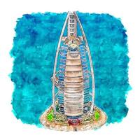 illustrazione disegnata a mano di schizzo dell'acquerello di burj al arab dubai vettore