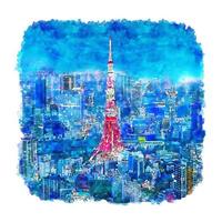 illustrazione disegnata a mano di schizzo dell'acquerello della torre del Giappone di Tokyo di notte vettore
