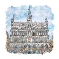 illustrazione disegnata a mano di schizzo dell'acquerello di grand place belgio vettore