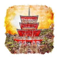 illustrazione disegnata a mano di schizzo dell'acquerello del Giappone del santuario di kumano nachi vettore