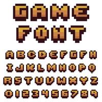 carattere di gioco in pixel art. Lettere e numeri in stile a 8 bit. alfabeto vettoriale in pixel su sfondo bianco