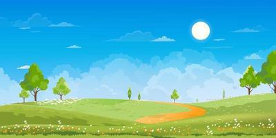 tempo di primavera, paesaggio estivo di una giornata di sole nel villaggio con campo verde, sfondo di nuvole e cielo blu. campagna rurale con montagna, prati, luce solare al mattino, sfondo del fumetto di vettore paesaggio della natura