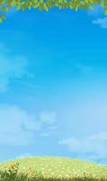 cielo blu con nuvole di altostrato e foglie verdi, cielo di cartone animato vettoriale con cirri e paesaggio di campo in erba rurale, sfondo banner verticale per sfondo primaverile ed estivo