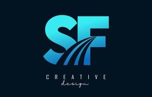 lettere blu creative logo sf sf con linee guida e concept design stradale. lettere con disegno geometrico. vettore