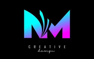lettere colorate creative logo nm nm con linee guida e concept design stradale. lettere con disegno geometrico. vettore